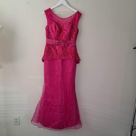 Pink Satin & Chiffon Bodycon Fishtail Bridal Guest Maxi Dress with Sequence - Picture 3 of 15